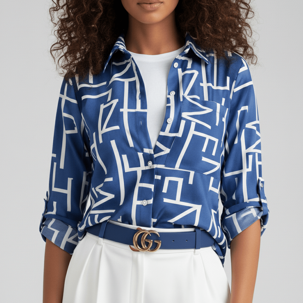 Lily Relaxed Fit Printed Button Blouse with Collar - Ocean Blue
