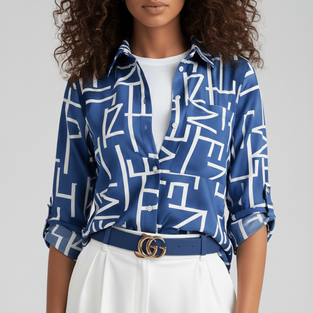 Lily Relaxed Fit Printed Button Blouse with Collar - Ocean Blue