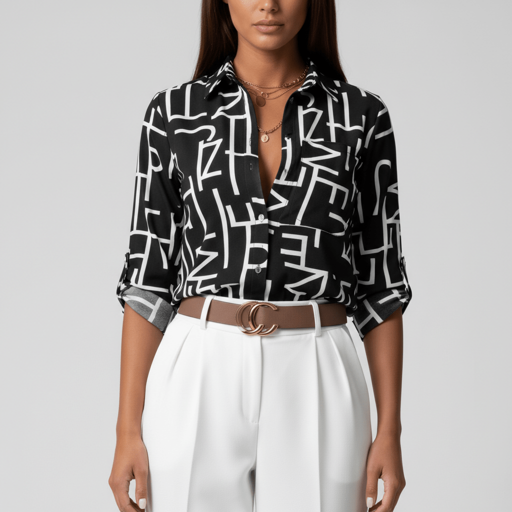 Lily Relaxed Fit Printed Button Blouse with Collar - Deep Black