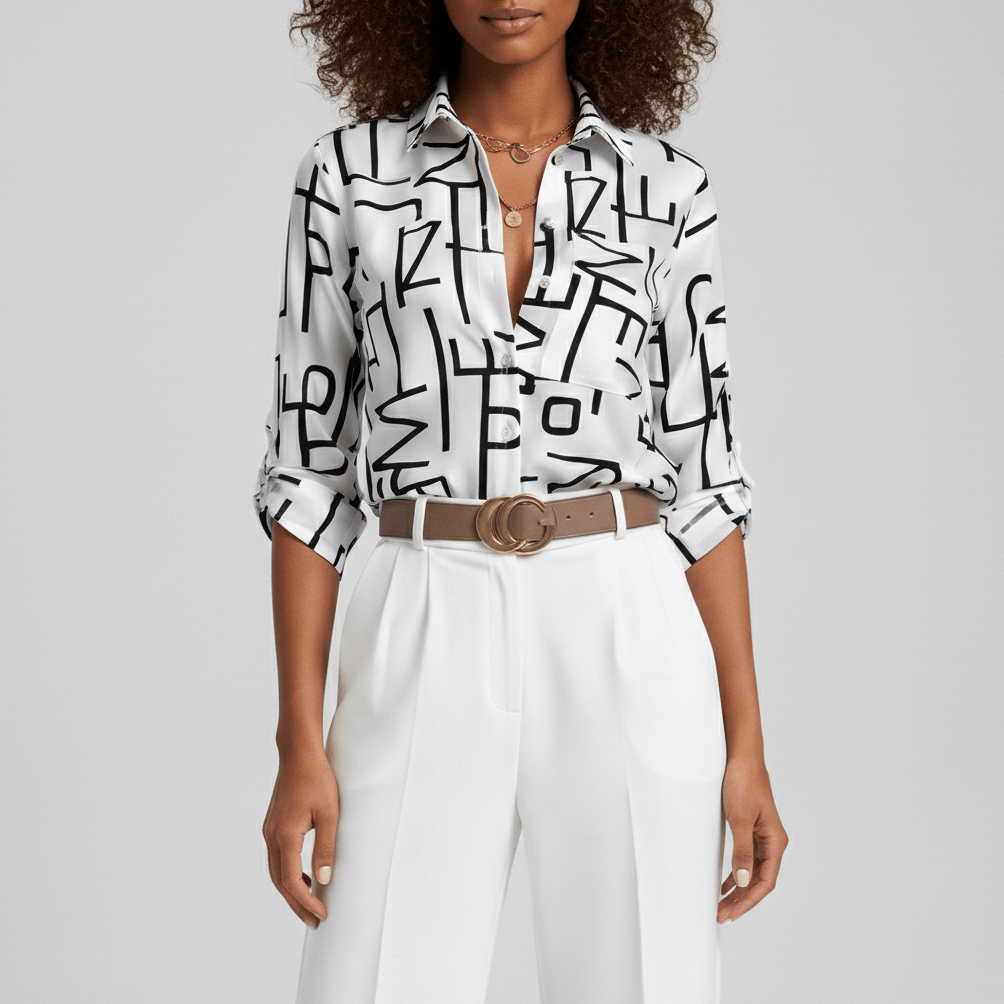 Lily Relaxed Fit Printed Button Blouse with Collar - Crisp White