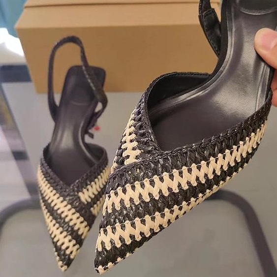 Lottie Pointed Toe Slingback Heels with Striped Upper