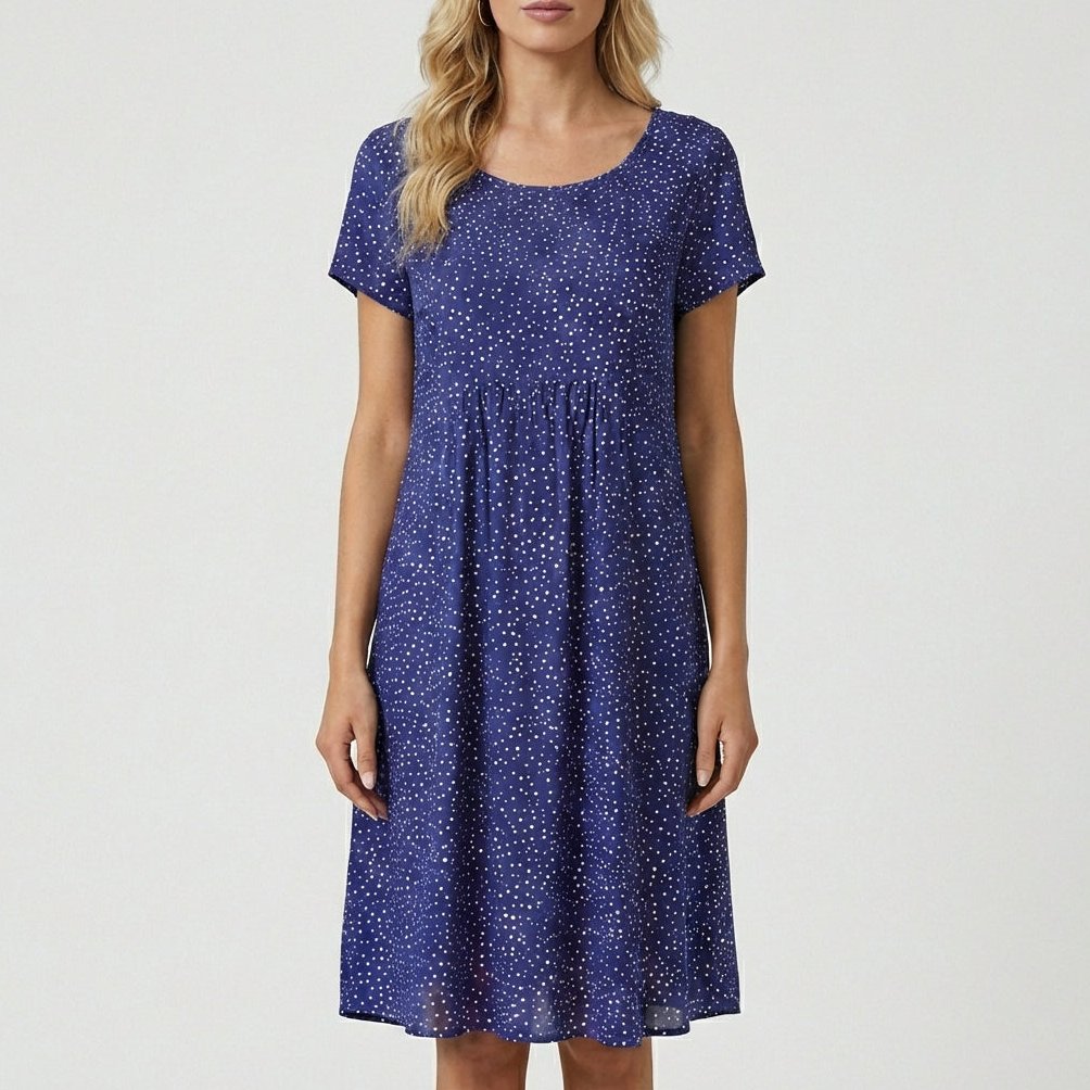 Lumi Printed Midi Dress with Short Sleeves and Gathered Waist - Royal Blue