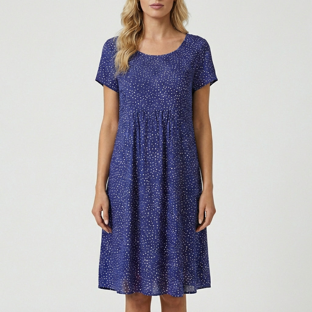 Lumi Printed Midi Dress with Short Sleeves and Gathered Waist - Royal Blue