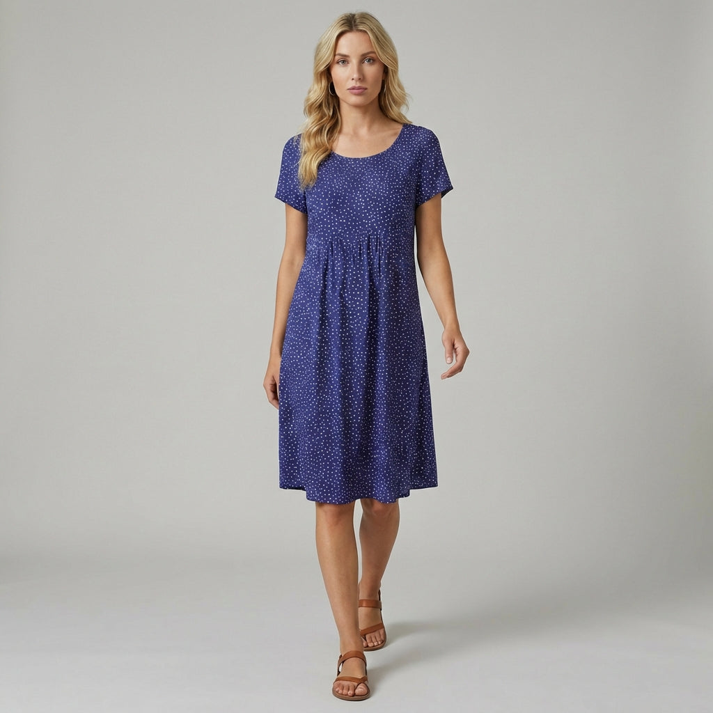 Lumi Printed Midi Dress with Short Sleeves and Gathered Waist