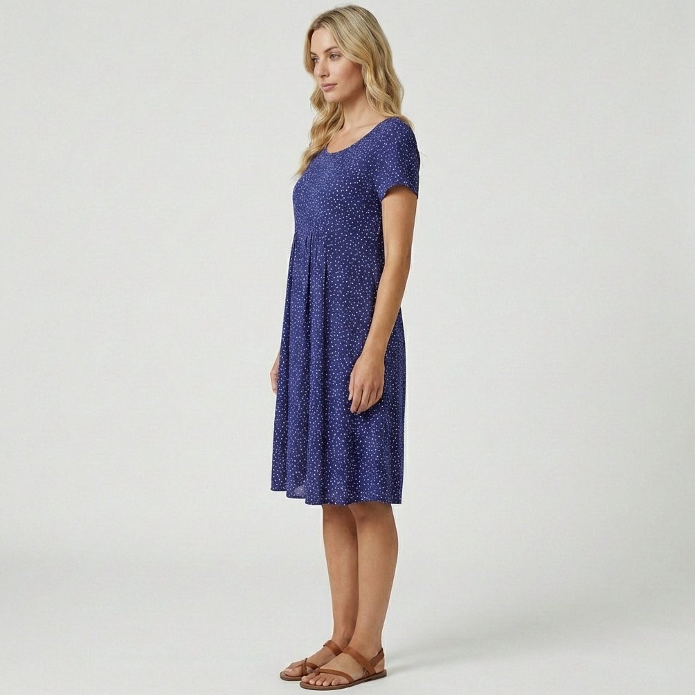 Lumi Printed Midi Dress with Short Sleeves and Gathered Waist