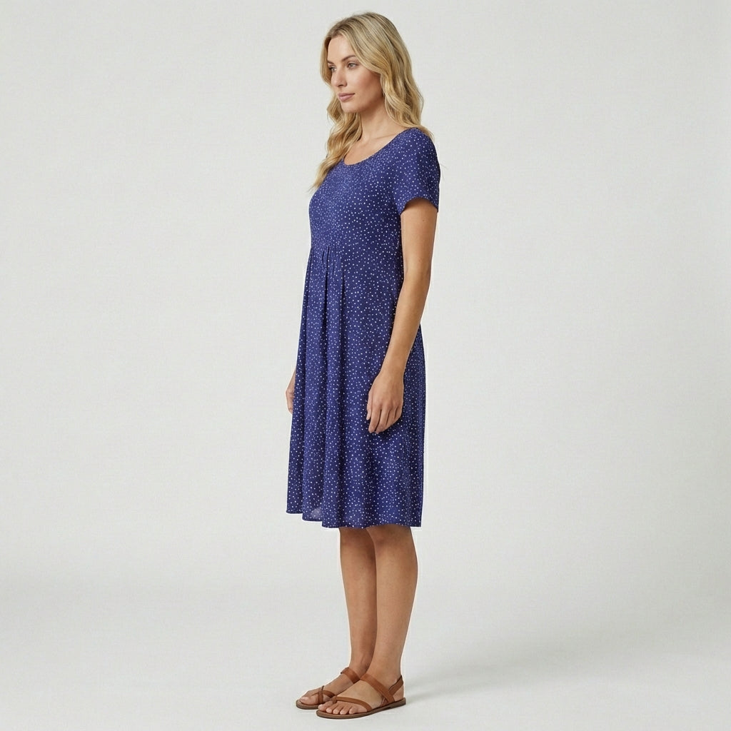 Lumi Printed Midi Dress with Short Sleeves and Gathered Waist