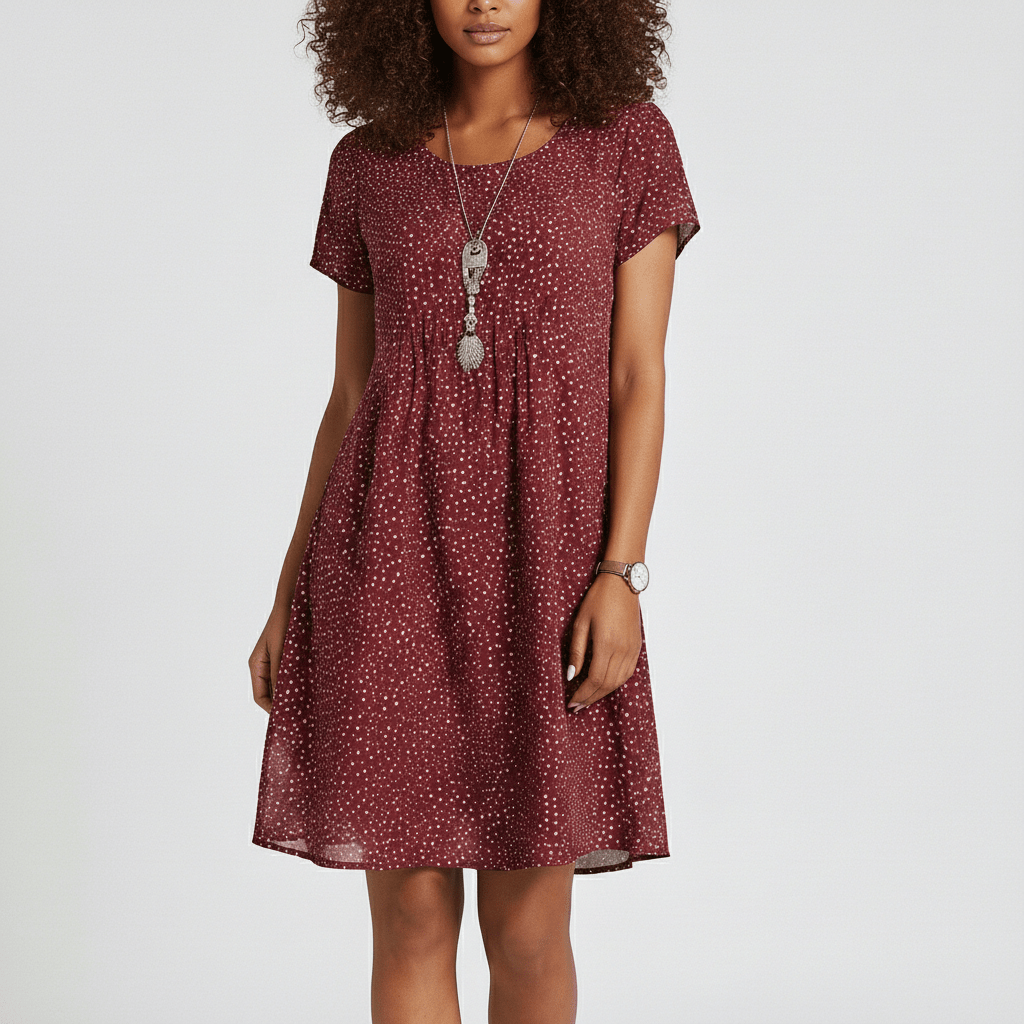 Lumi Printed Midi Dress with Short Sleeves and Gathered Waist - Ruby Red