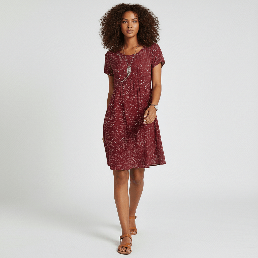 Lumi Printed Midi Dress with Short Sleeves and Gathered Waist