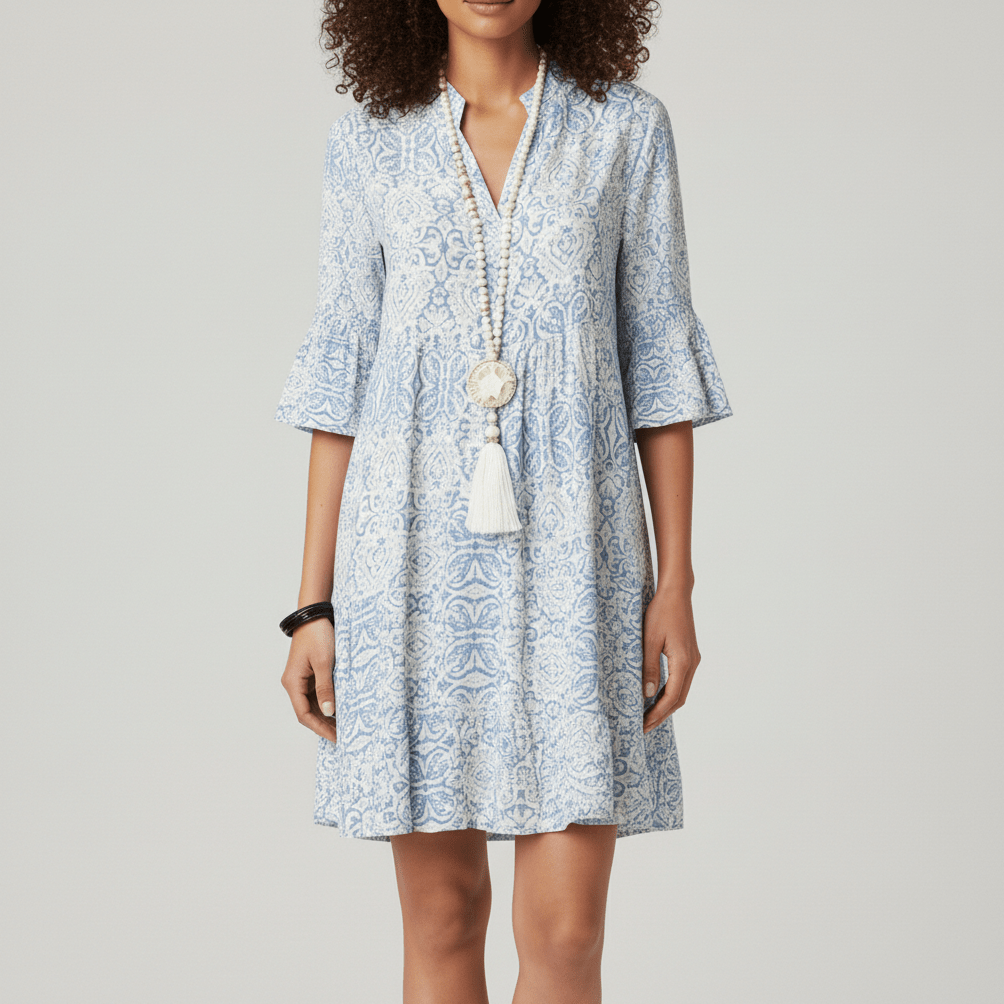 Mae Sky Blue Boho Printed Midi Dress with Bell Sleeves - Sky Blue