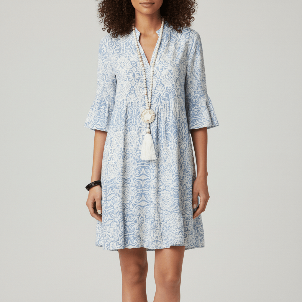 Mae Sky Blue Boho Printed Midi Dress with Bell Sleeves - Sky Blue