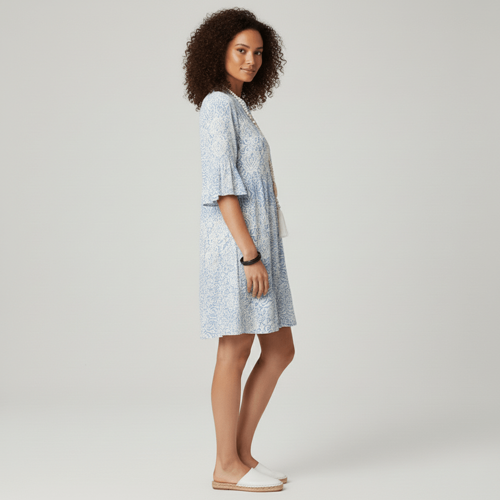 Mae Sky Blue Boho Printed Midi Dress with Bell Sleeves