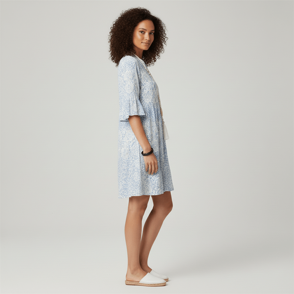 Mae Sky Blue Boho Printed Midi Dress with Bell Sleeves