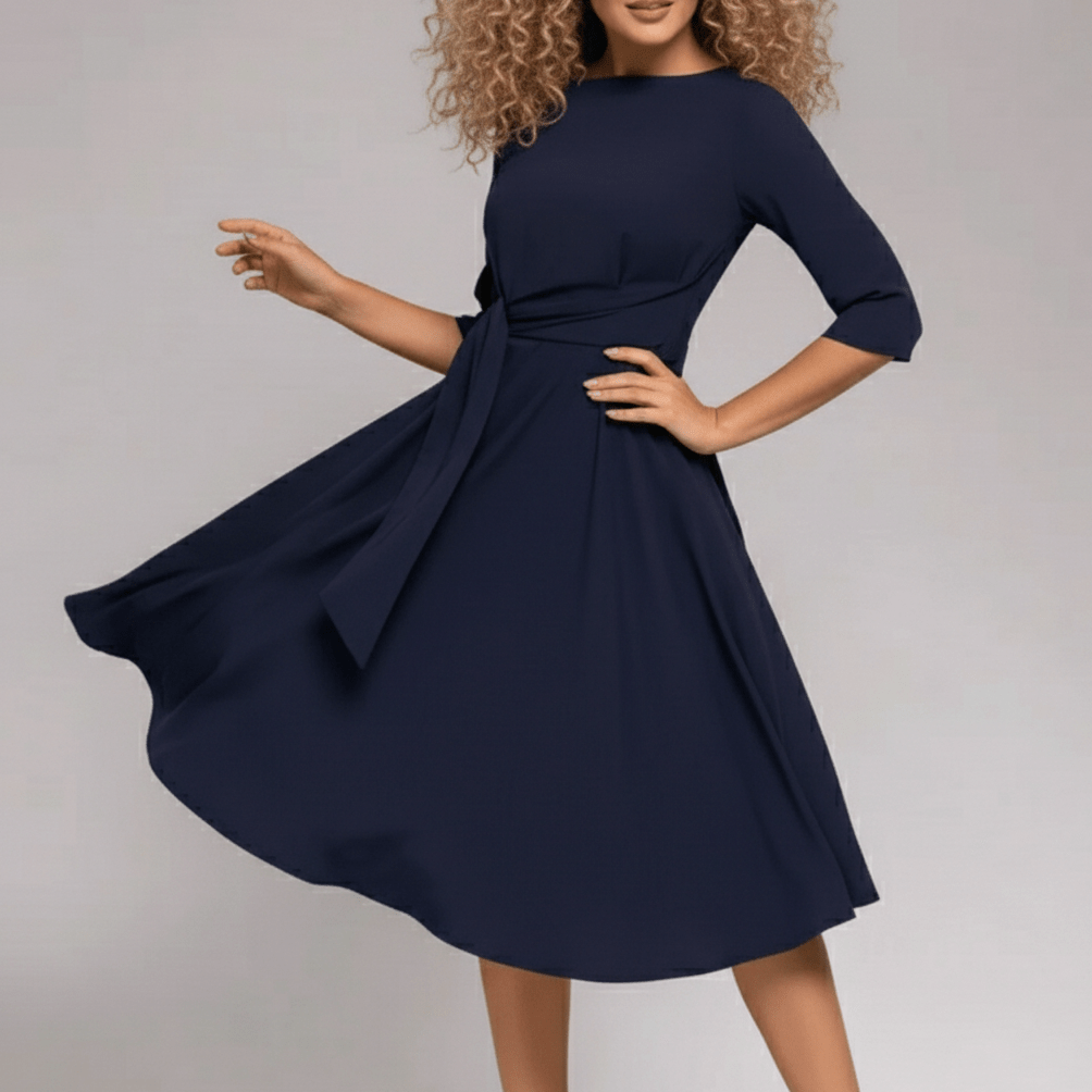 Marigold Blue A-Line Midi Dress with Tie Waist and 3/4 Sleeves - Blue