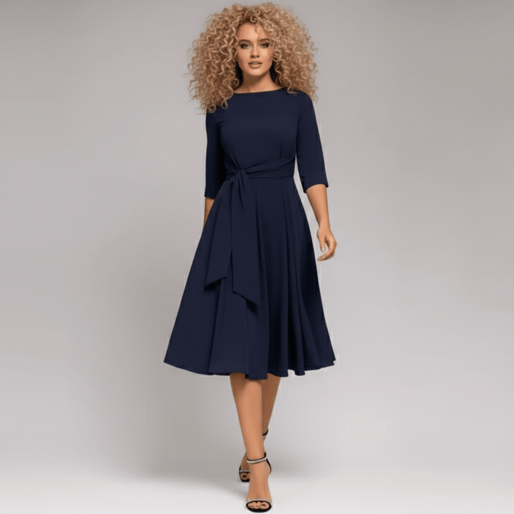 Marigold Blue A-Line Midi Dress with Tie Waist and 3/4 Sleeves