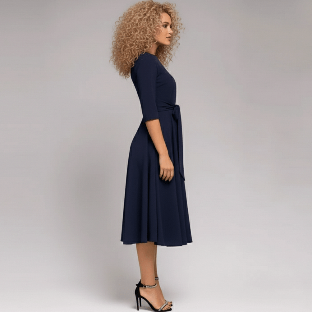 Marigold Blue A-Line Midi Dress with Tie Waist and 3/4 Sleeves