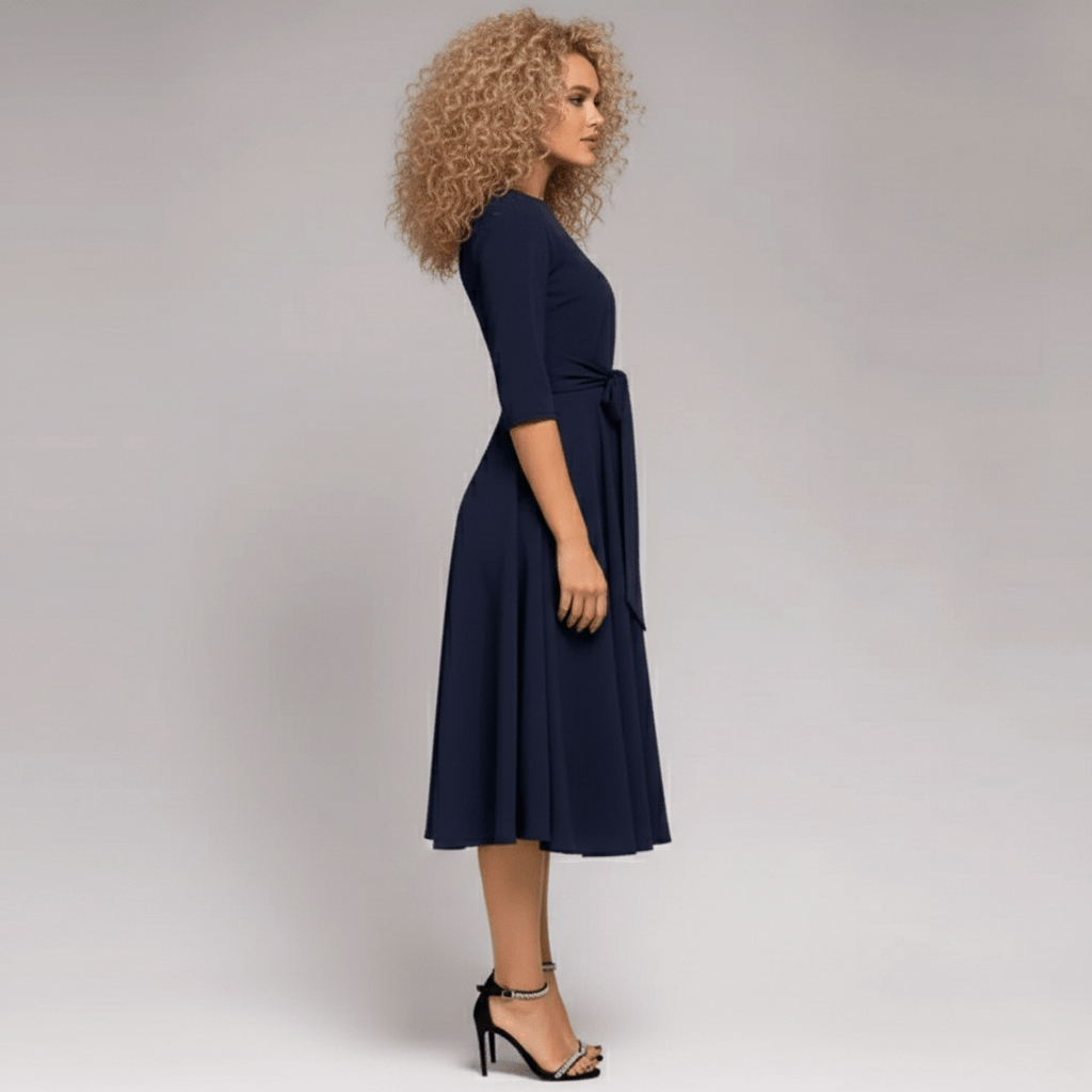 Marigold Blue A-Line Midi Dress with Tie Waist and 3/4 Sleeves