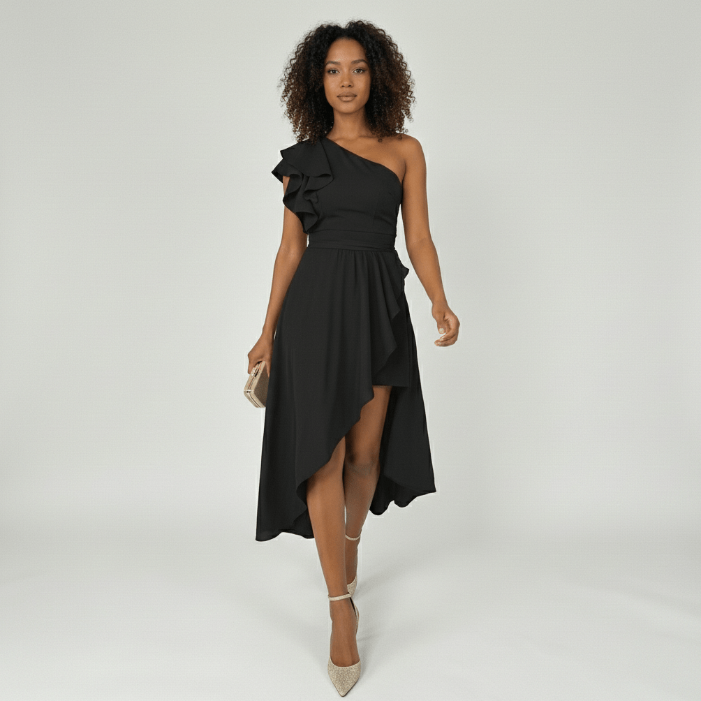 Marisa One Shoulder Cocktail Midi Dress with Asymmetric Ruffle Hem - Midnight Black