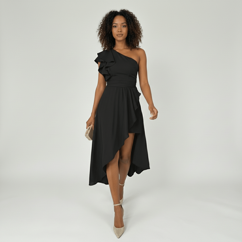 Marisa One Shoulder Cocktail Midi Dress with Asymmetric Ruffle Hem - Midnight Black