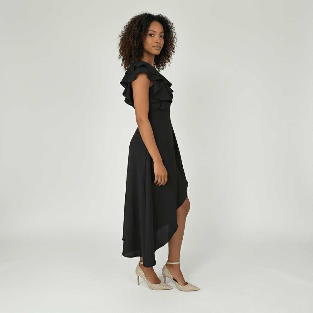 Marisa One Shoulder Cocktail Midi Dress with Asymmetric Ruffle Hem