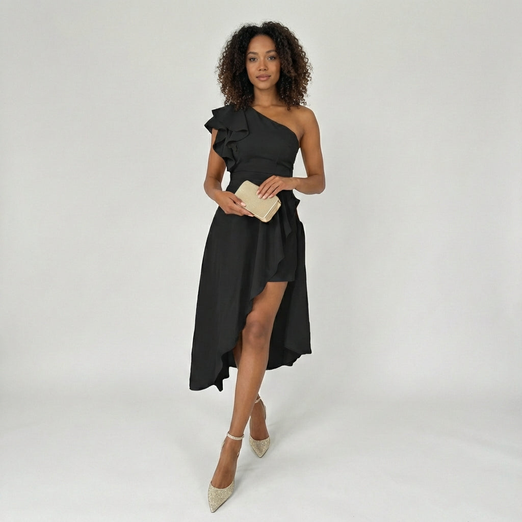 Marisa One Shoulder Cocktail Midi Dress with Asymmetric Ruffle Hem