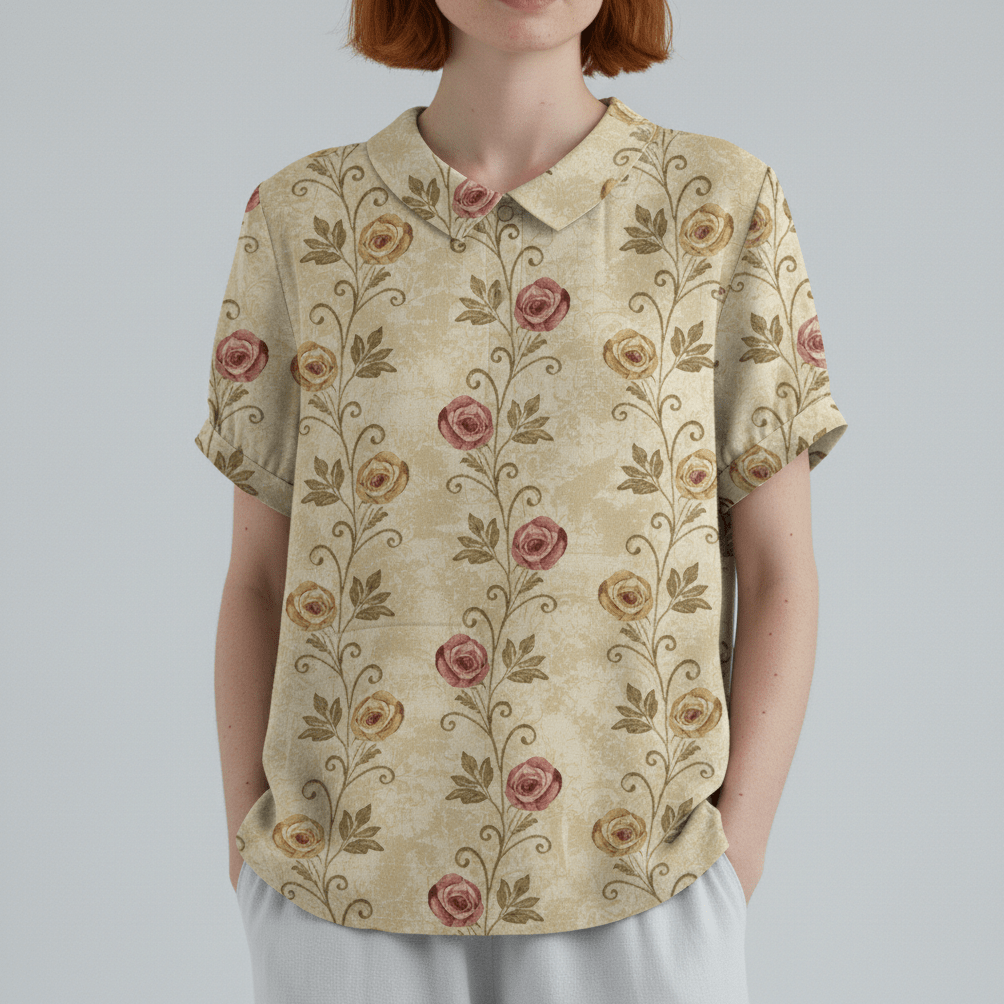 Mona Floral Print Short Sleeve Blouse with Peter Pan Collar - Blossom Beige
