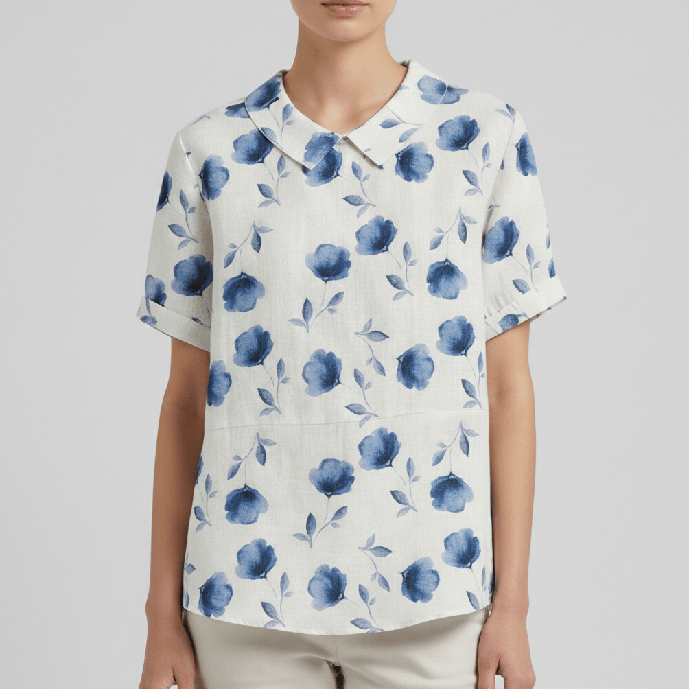 Mona Floral Print Short Sleeve Blouse with Peter Pan Collar - Ink Blue
