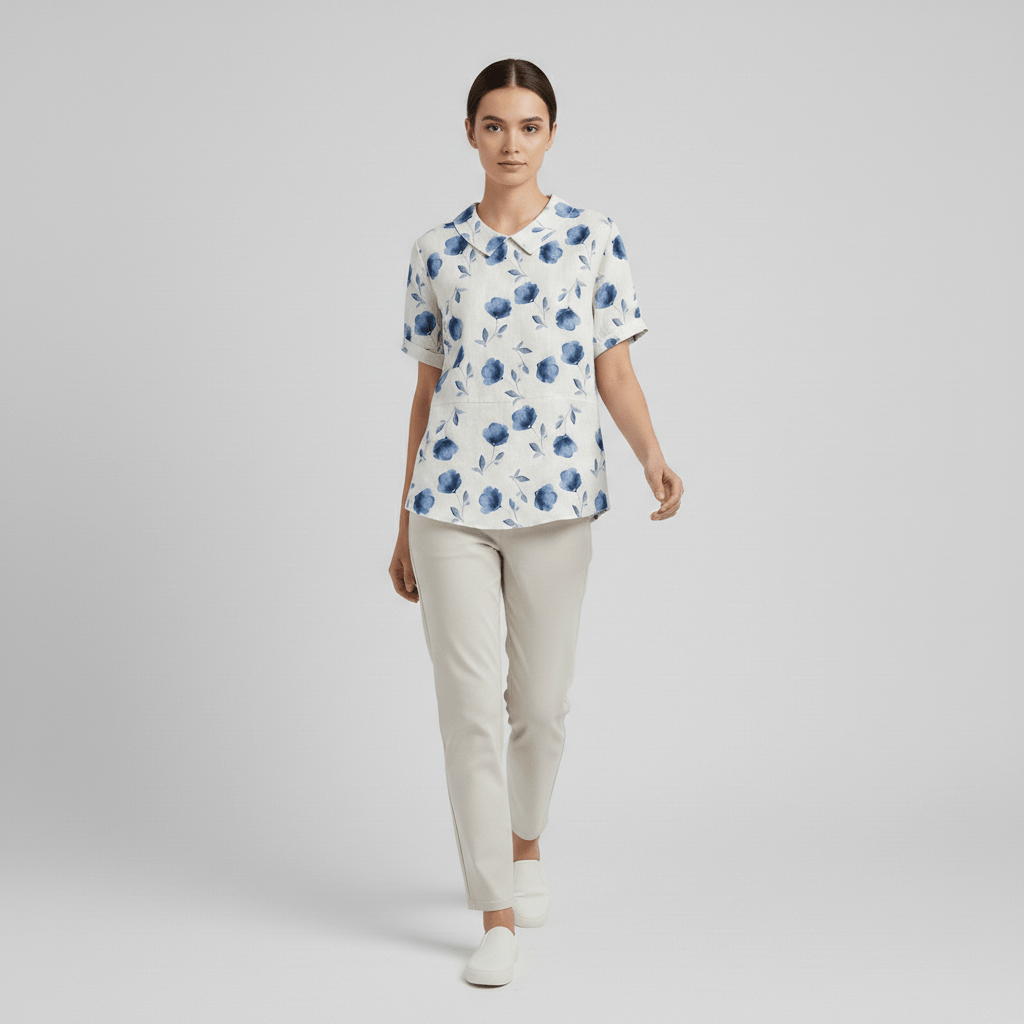 Mona Floral Print Short Sleeve Blouse with Peter Pan Collar