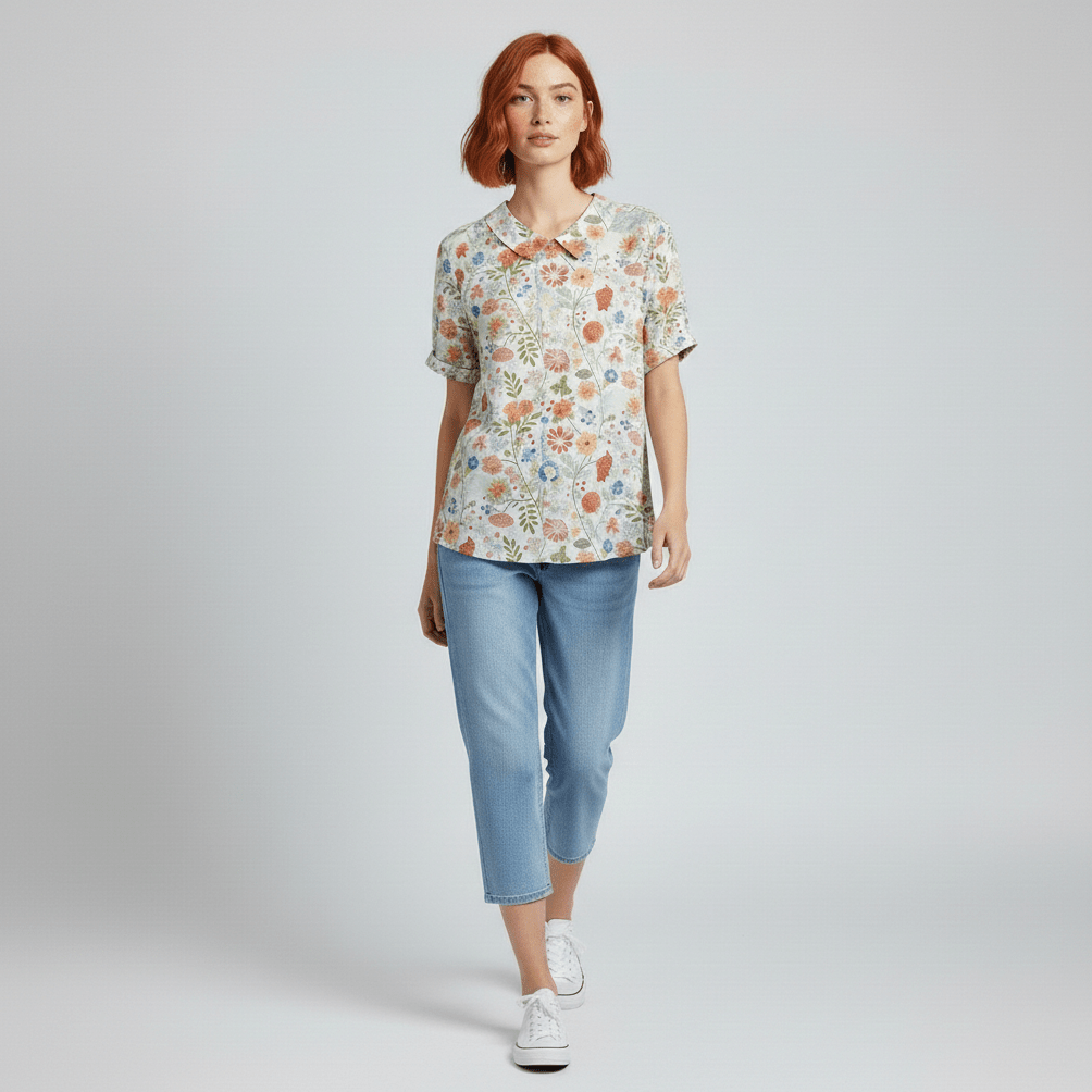 Mona Floral Print Short Sleeve Blouse with Peter Pan Collar