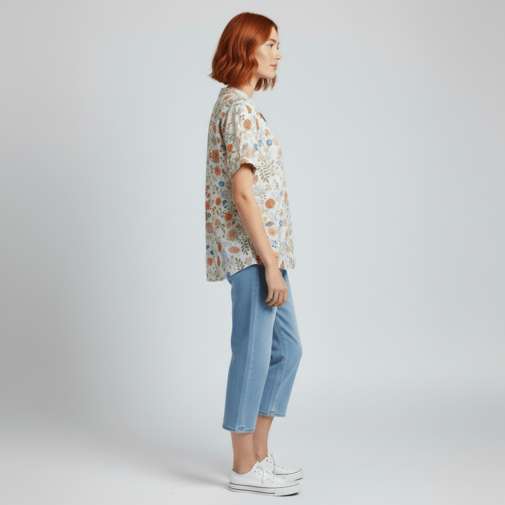 Mona Floral Print Short Sleeve Blouse with Peter Pan Collar