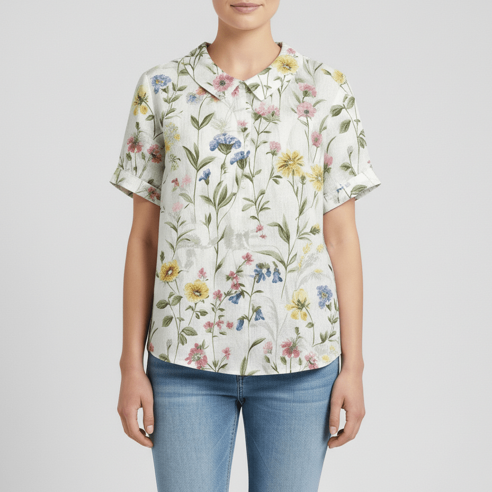 Mona Floral Print Short Sleeve Blouse with Peter Pan Collar - Gentle Multicolor