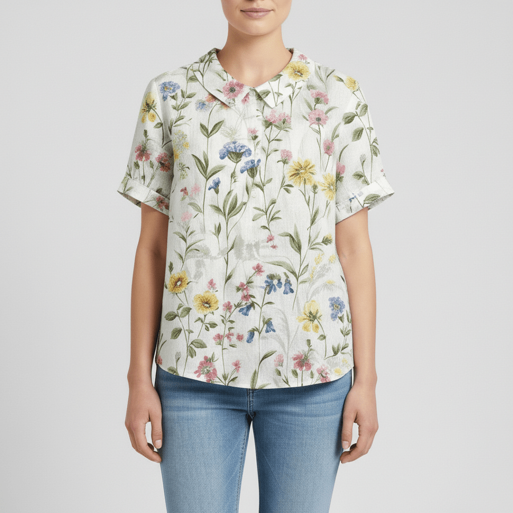 Mona Floral Print Short Sleeve Blouse with Peter Pan Collar - Gentle Multicolor