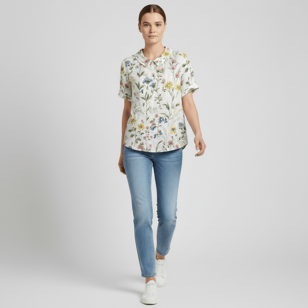Mona Floral Print Short Sleeve Blouse with Peter Pan Collar