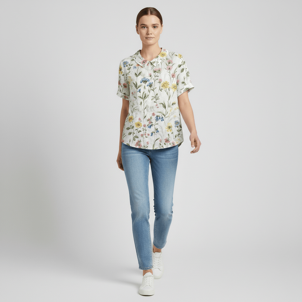 Mona Floral Print Short Sleeve Blouse with Peter Pan Collar