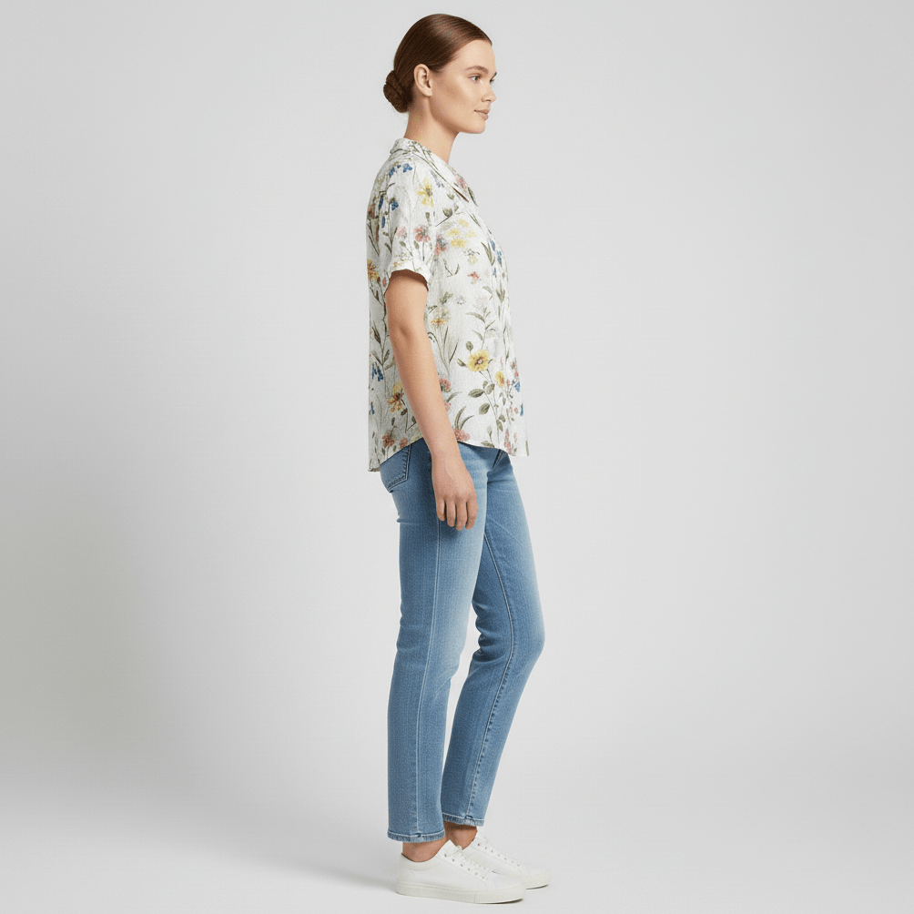 Mona Floral Print Short Sleeve Blouse with Peter Pan Collar