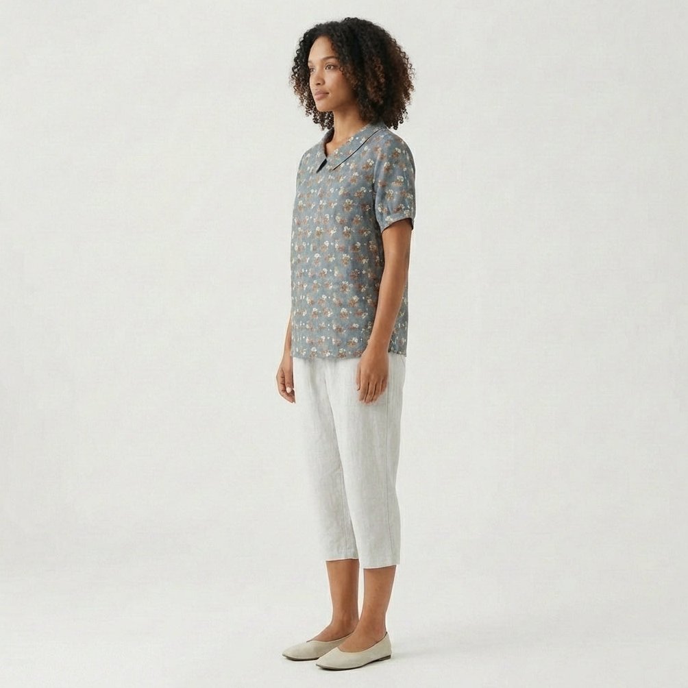Mona Floral Print Short Sleeve Blouse with Peter Pan Collar
