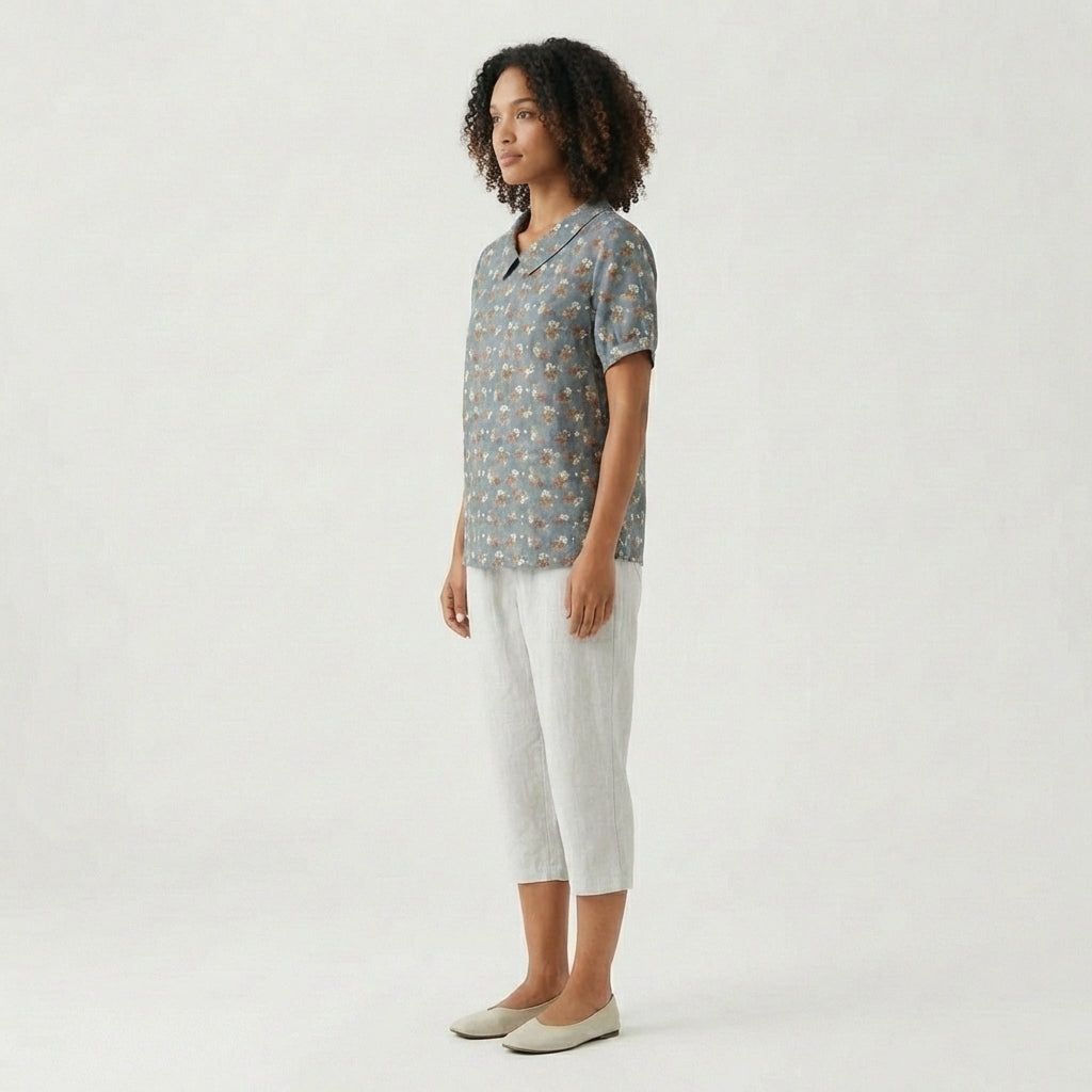 Mona Floral Print Short Sleeve Blouse with Peter Pan Collar