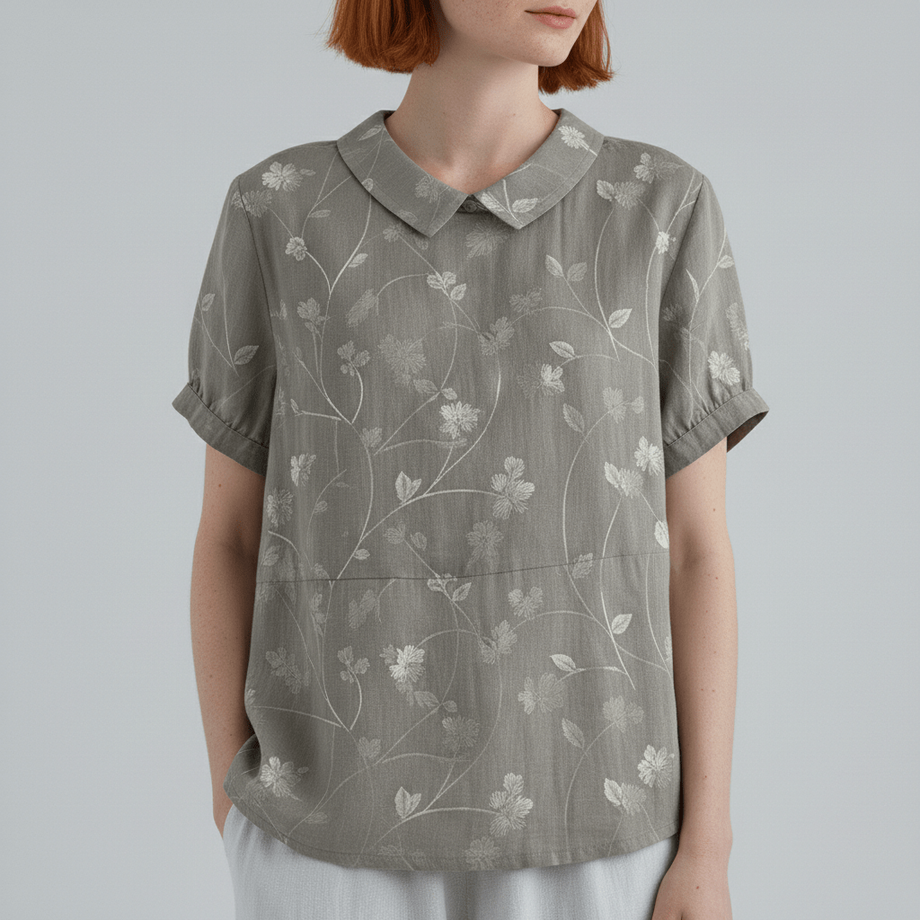 Mona Floral Print Short Sleeve Blouse with Peter Pan Collar - Whisper Gray