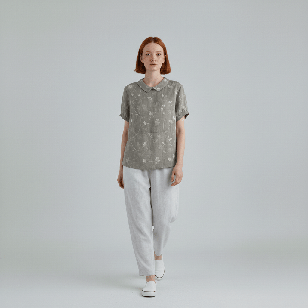 Mona Floral Print Short Sleeve Blouse with Peter Pan Collar