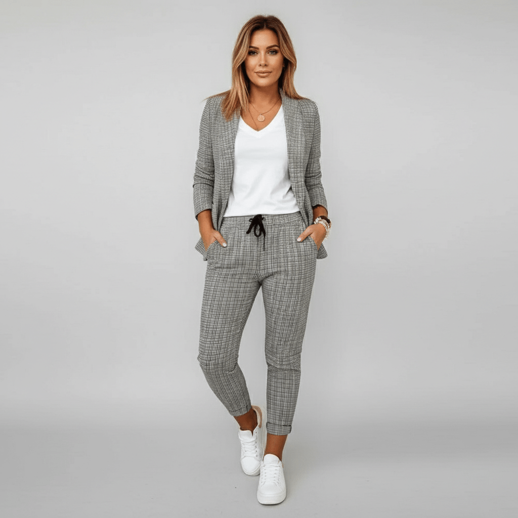 Moya Two Piece Set Plaid Blazer and Slim Fit Pants - Classic Gray