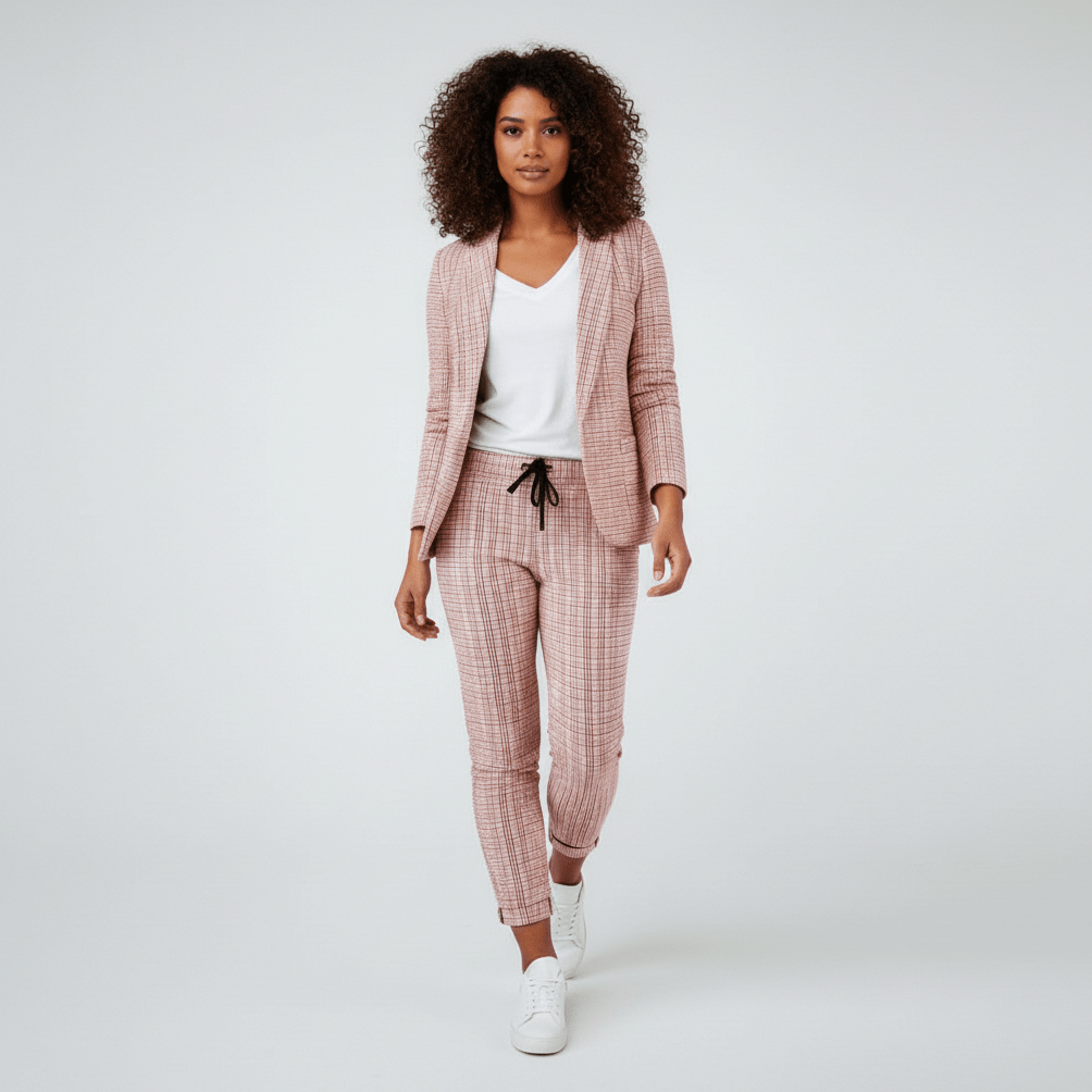 Moya Two Piece Set Plaid Blazer and Slim Fit Pants - Soft Pink
