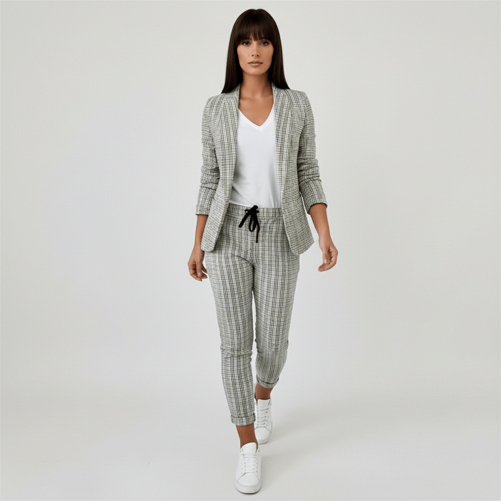 Moya Two Piece Set Plaid Blazer and Slim Fit Pants - Silver Gray