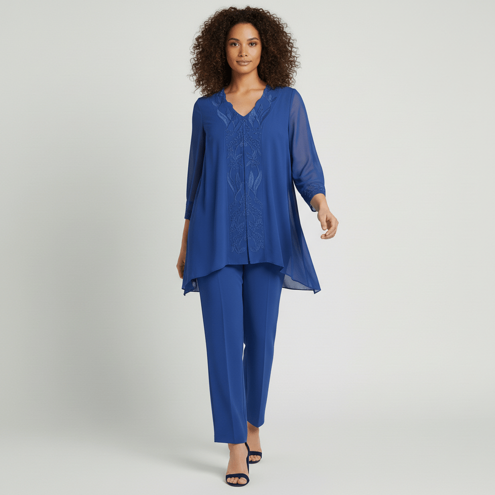 Nichola Two Piece Set with Embroidered Tunic and Straight Pants - Royal Blue