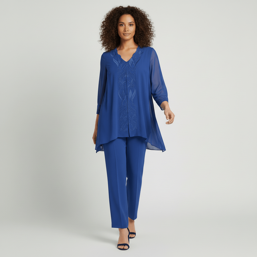 Nichola Two Piece Set with Embroidered Tunic and Straight Pants - Royal Blue