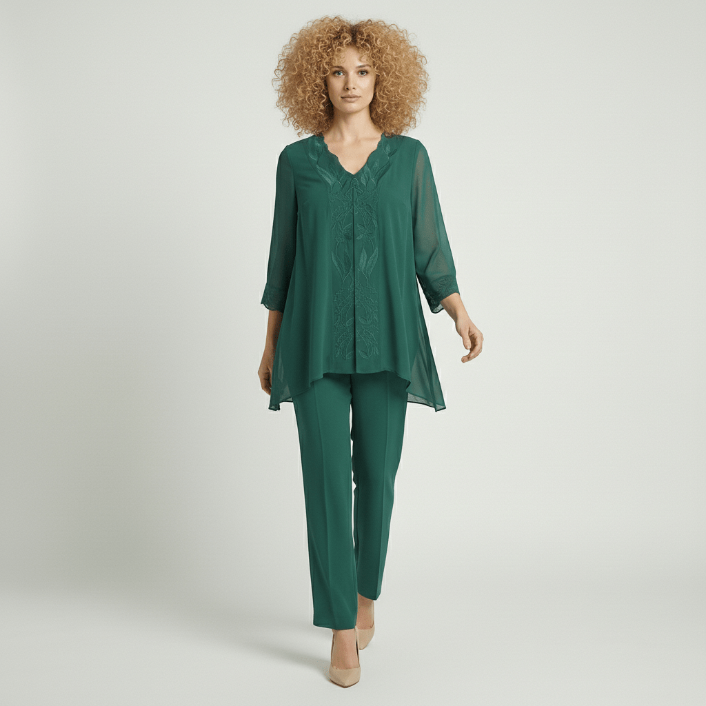Nichola Two Piece Set with Embroidered Tunic and Straight Pants - Forest Green