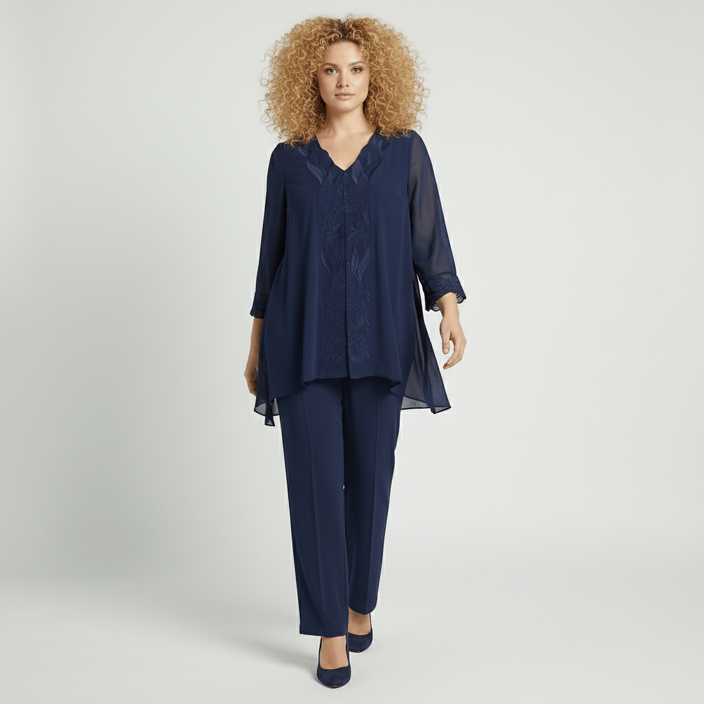 Nichola Two Piece Set with Embroidered Tunic and Straight Pants - Midnight Navy