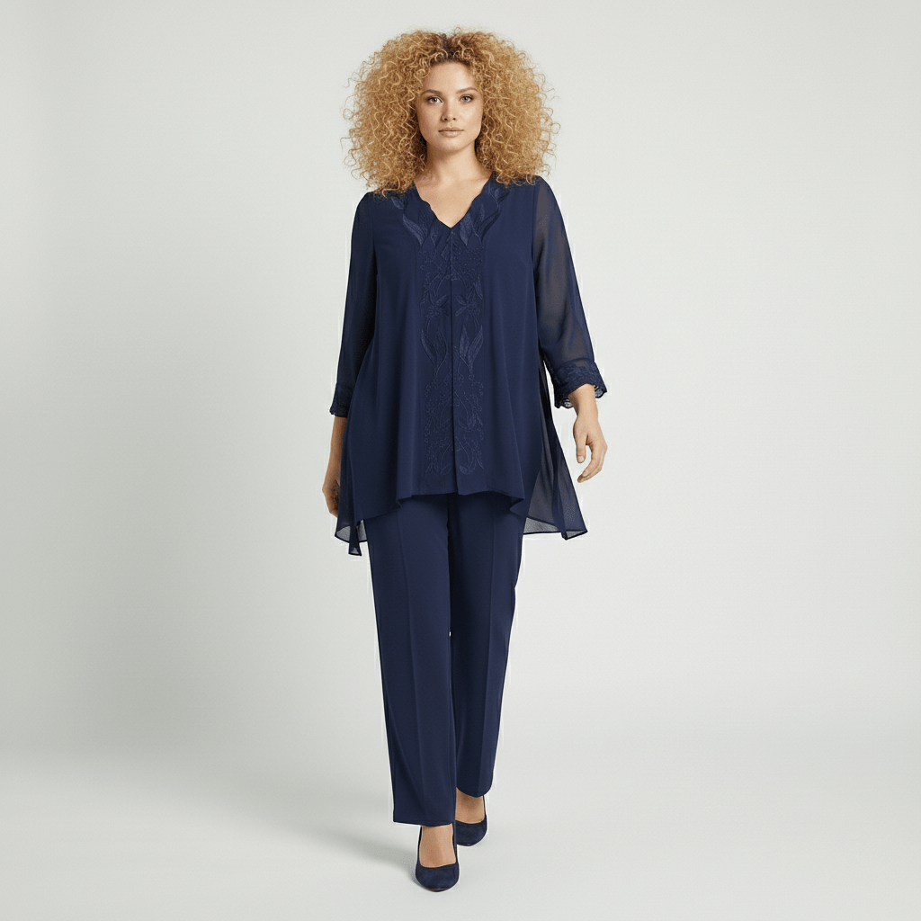Nichola Two Piece Set with Embroidered Tunic and Straight Pants - Midnight Navy