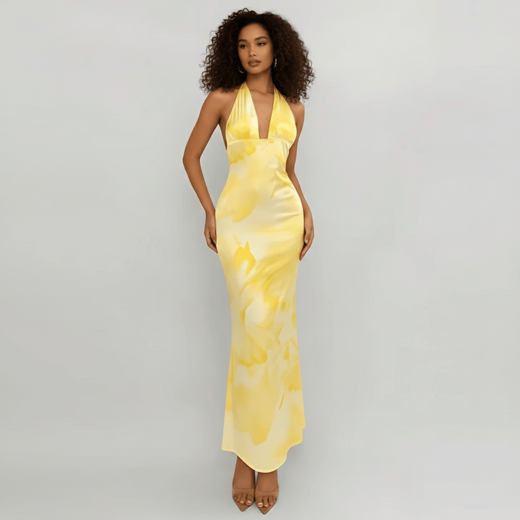 Nola Halter Maxi Dress with Plunge Neck and Open Back