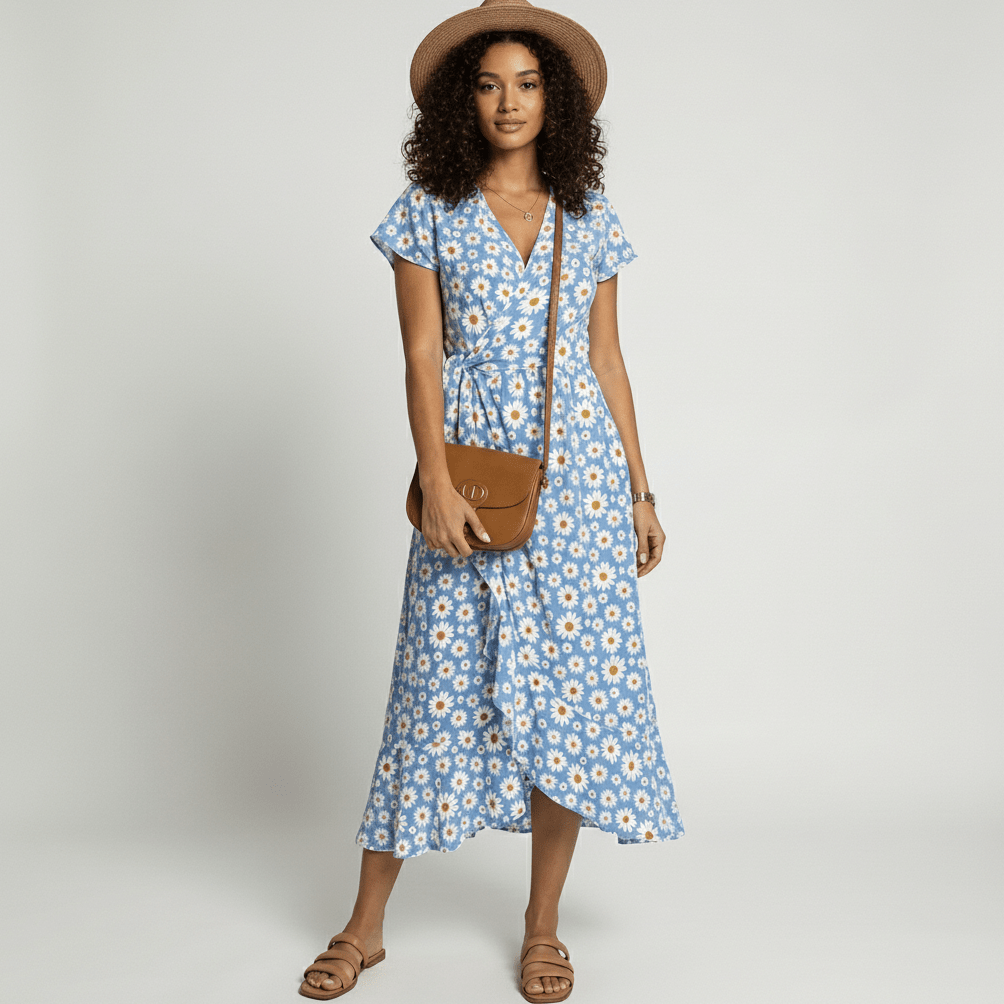 Patsy Floral Wrap Midi Dress with V-Neck and Short Sleeves - Sky Blue