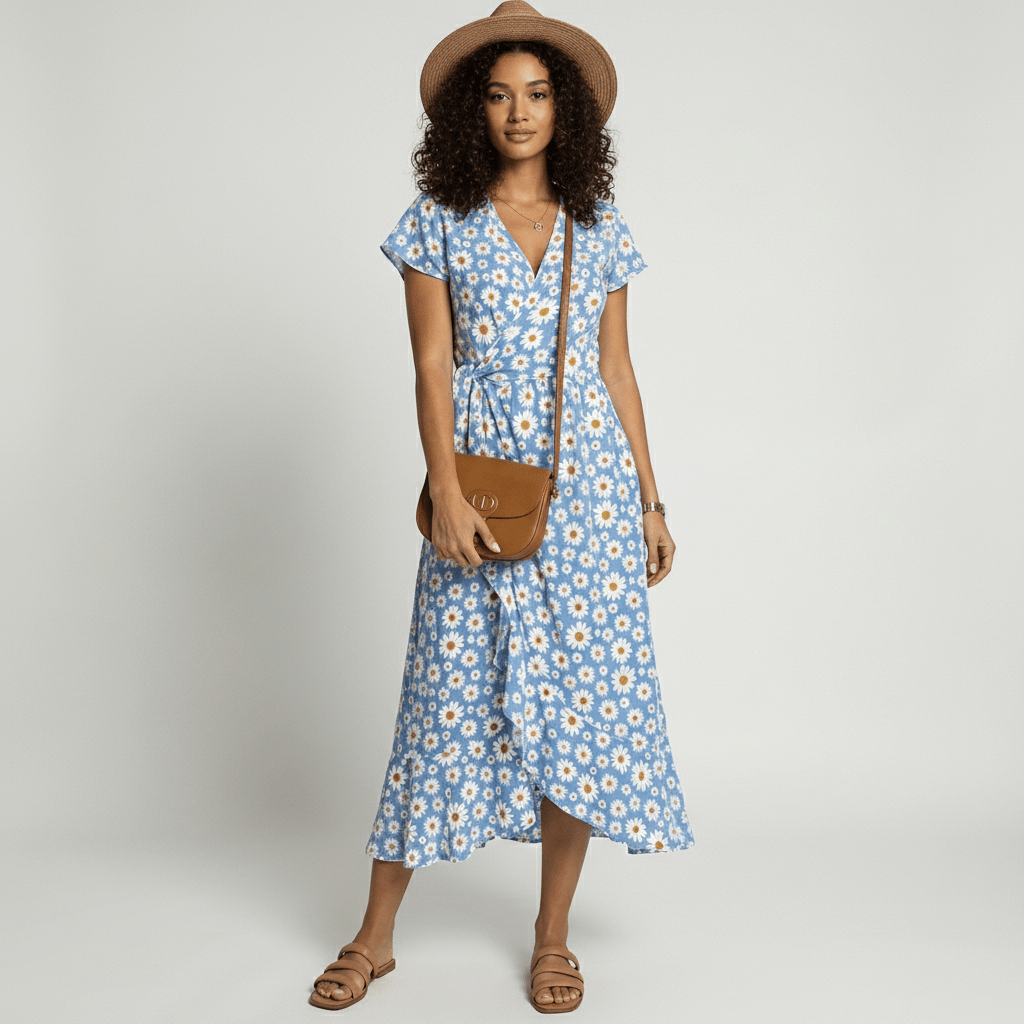 Patsy Floral Wrap Midi Dress with V-Neck and Short Sleeves - Sky Blue
