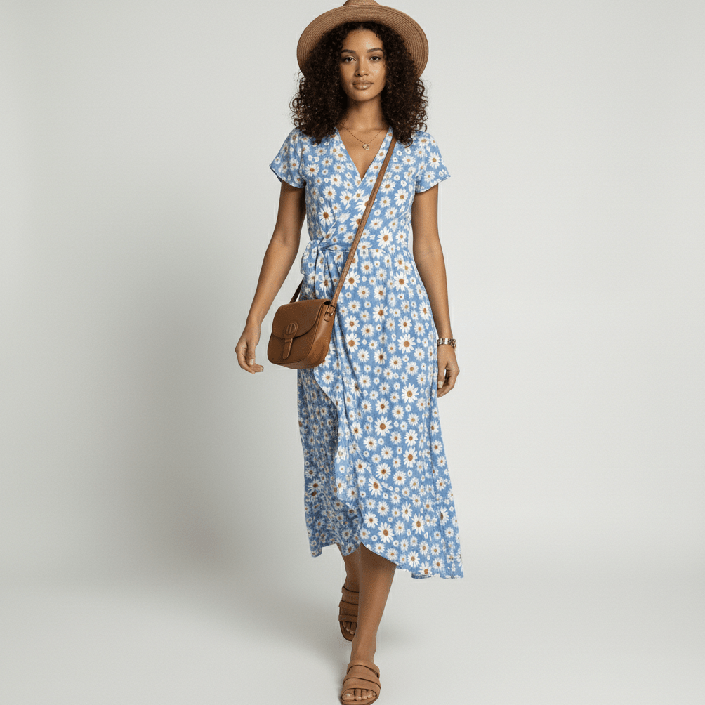 Patsy Floral Wrap Midi Dress with V-Neck and Short Sleeves
